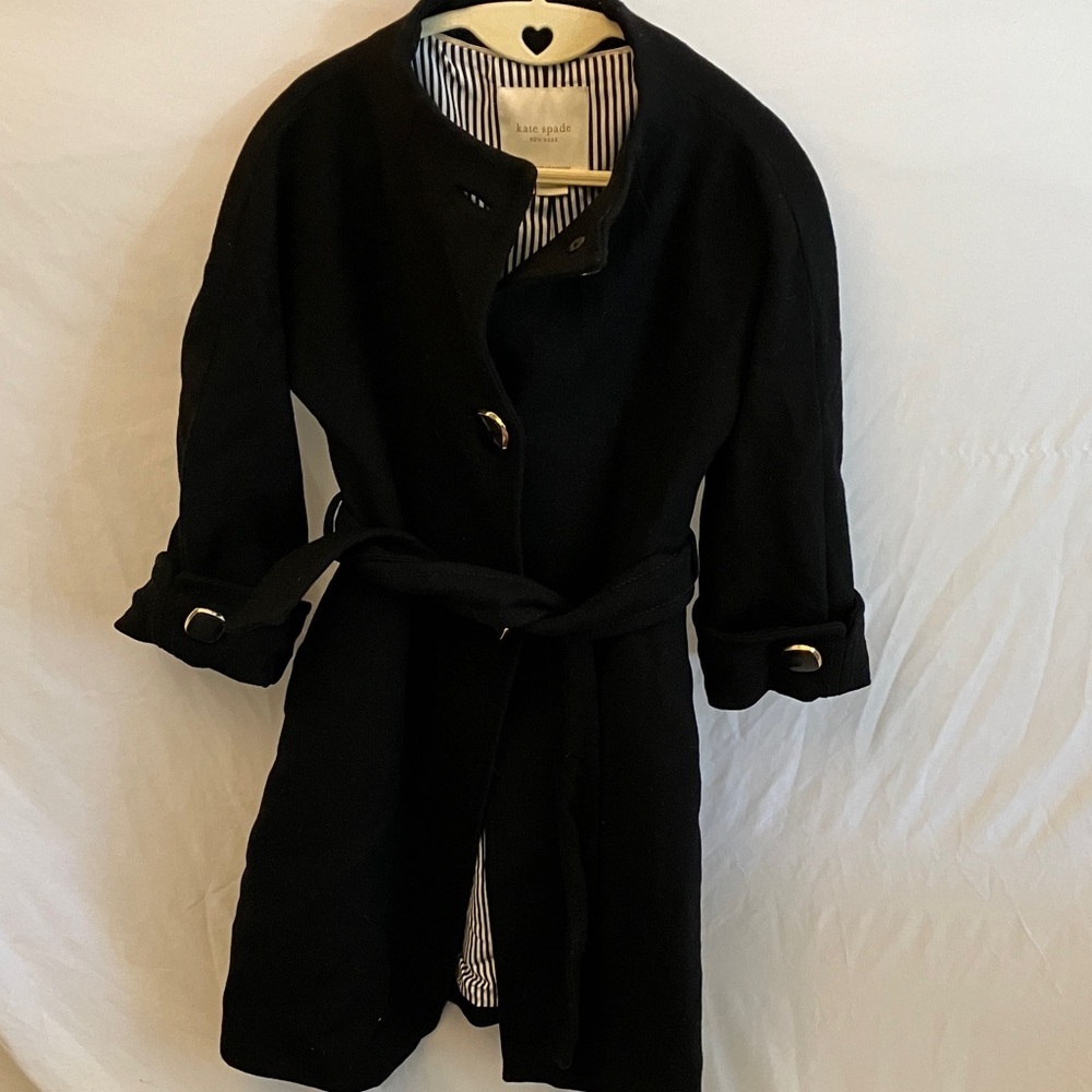 Kate Spade: Black Winter Wool (95%) Trench Coat- Gold Tone Accents- 0